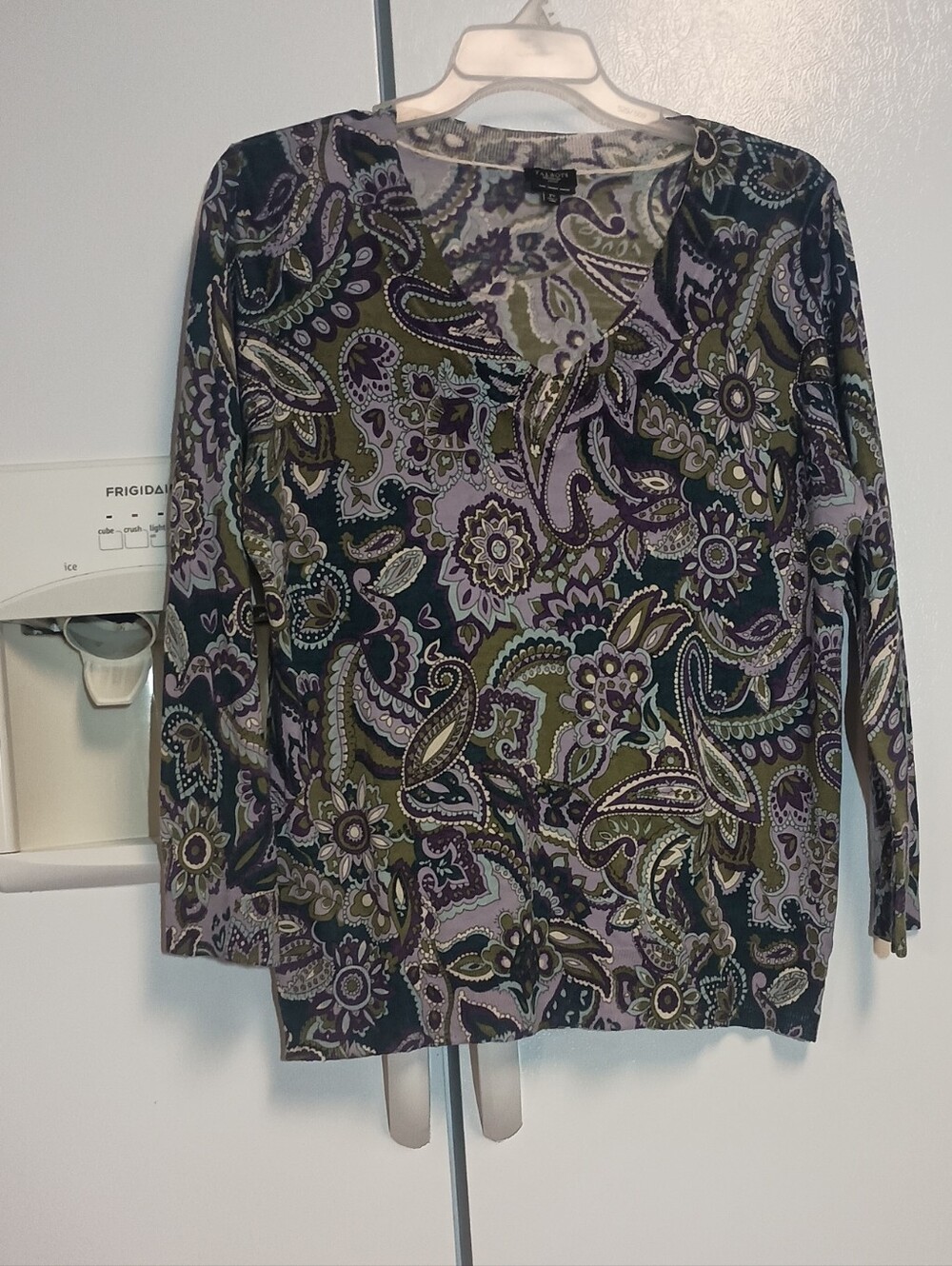 Talbots Olive and Purple Paisley Long-Sleeve Lightweight V Neck Women's Size 2XL